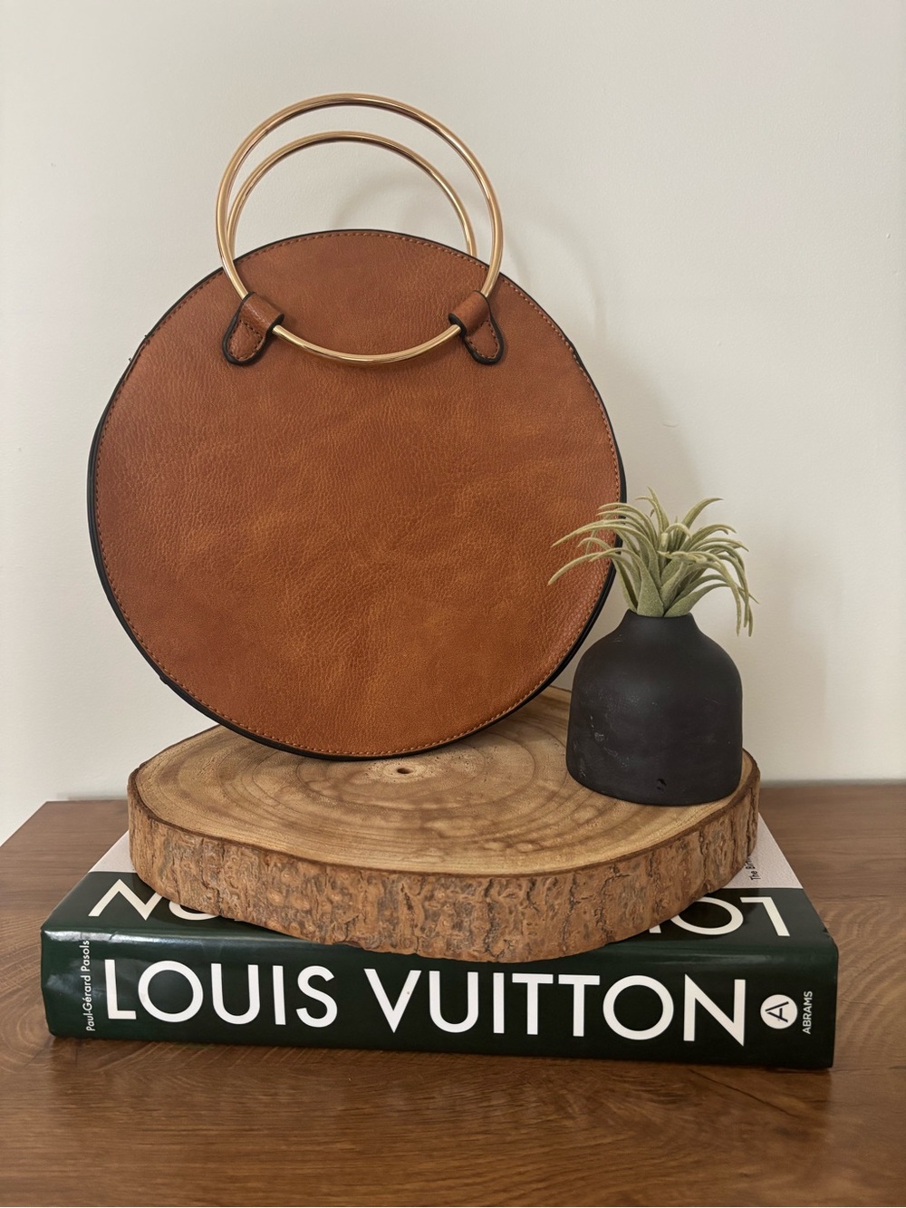 Brown Round Tote with Gold Ring Handles